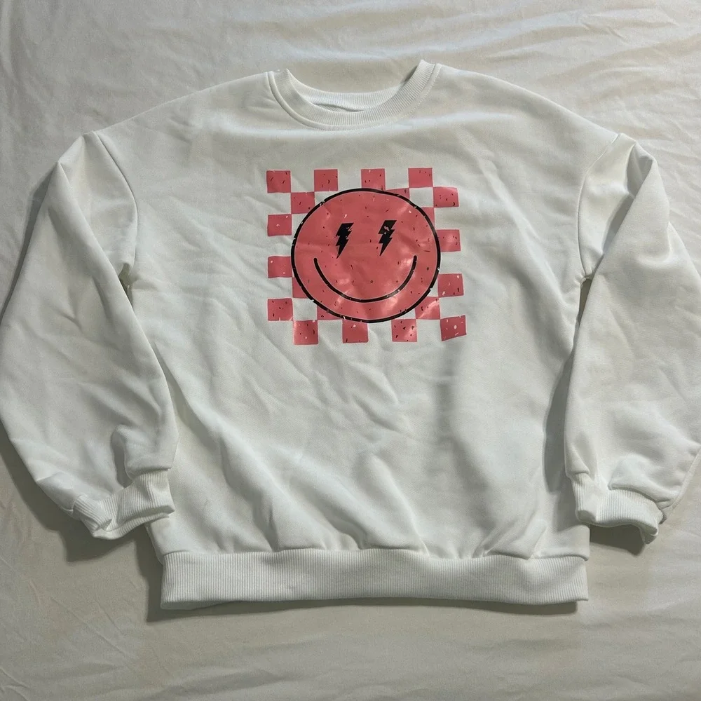 Kids White Checkered Smiley Face Lightning Bolt Sweatshirt Size 11-12Y Pullover